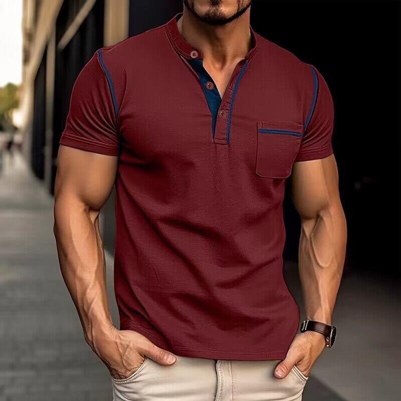 "Polo homme moderne avec col Henley, design colorblock élégant, idéal style et confort quotidien."