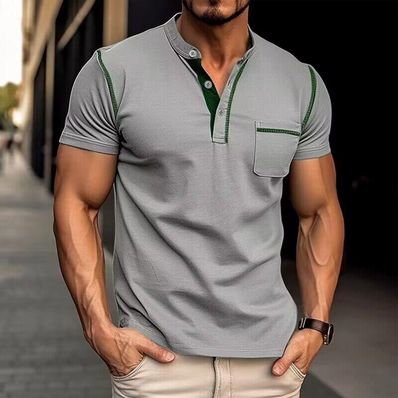 "Polo homme moderne avec col Henley, design colorblock élégant, idéal style et confort quotidien."