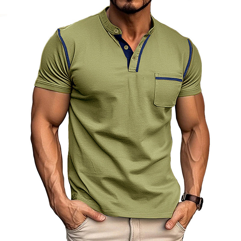 "Polo homme moderne avec col Henley, design colorblock élégant, idéal style et confort quotidien."