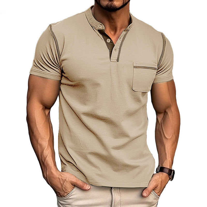 "Polo homme moderne avec col Henley, design colorblock élégant, idéal style et confort quotidien."