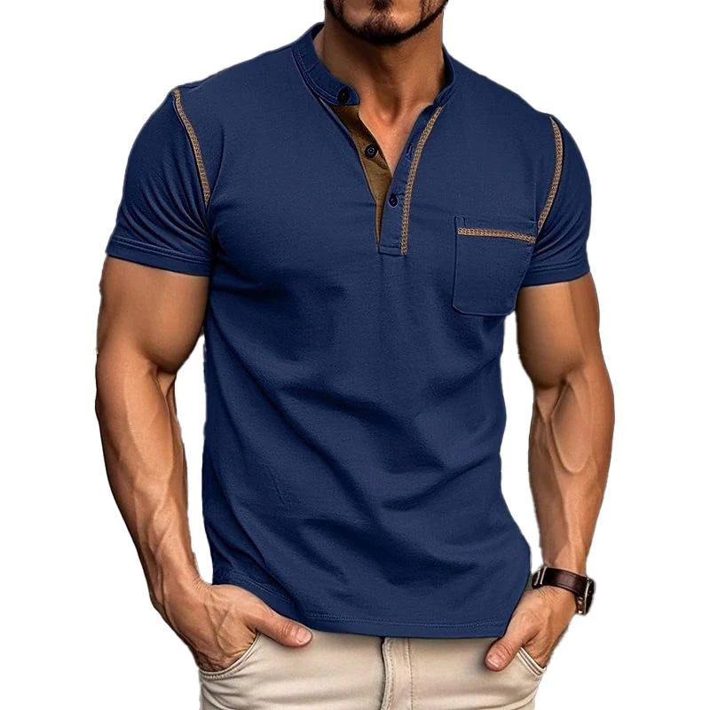"Polo homme moderne avec col Henley, design colorblock élégant, idéal style et confort quotidien."