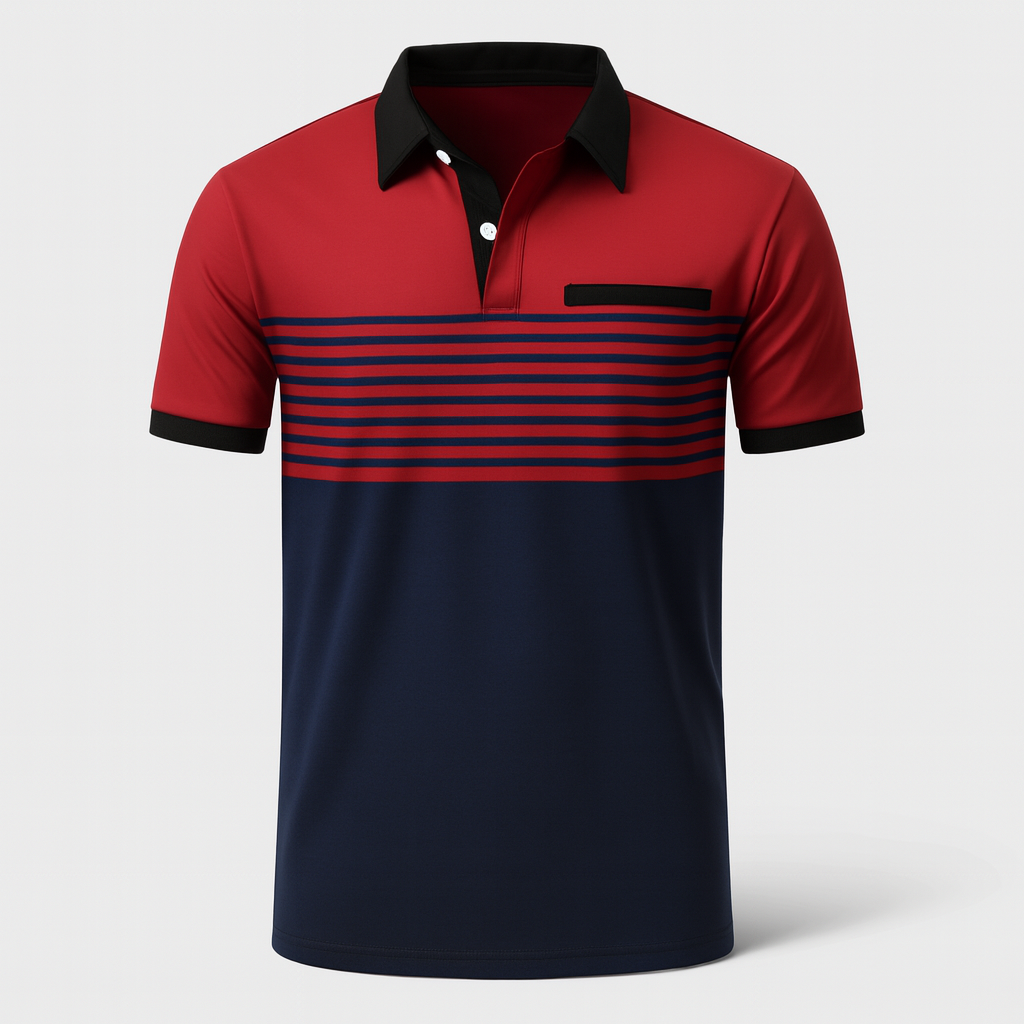 Polo homme rayé bleu élégant, confortable. Idéal pour un look décontracté d'été et les loisirs.