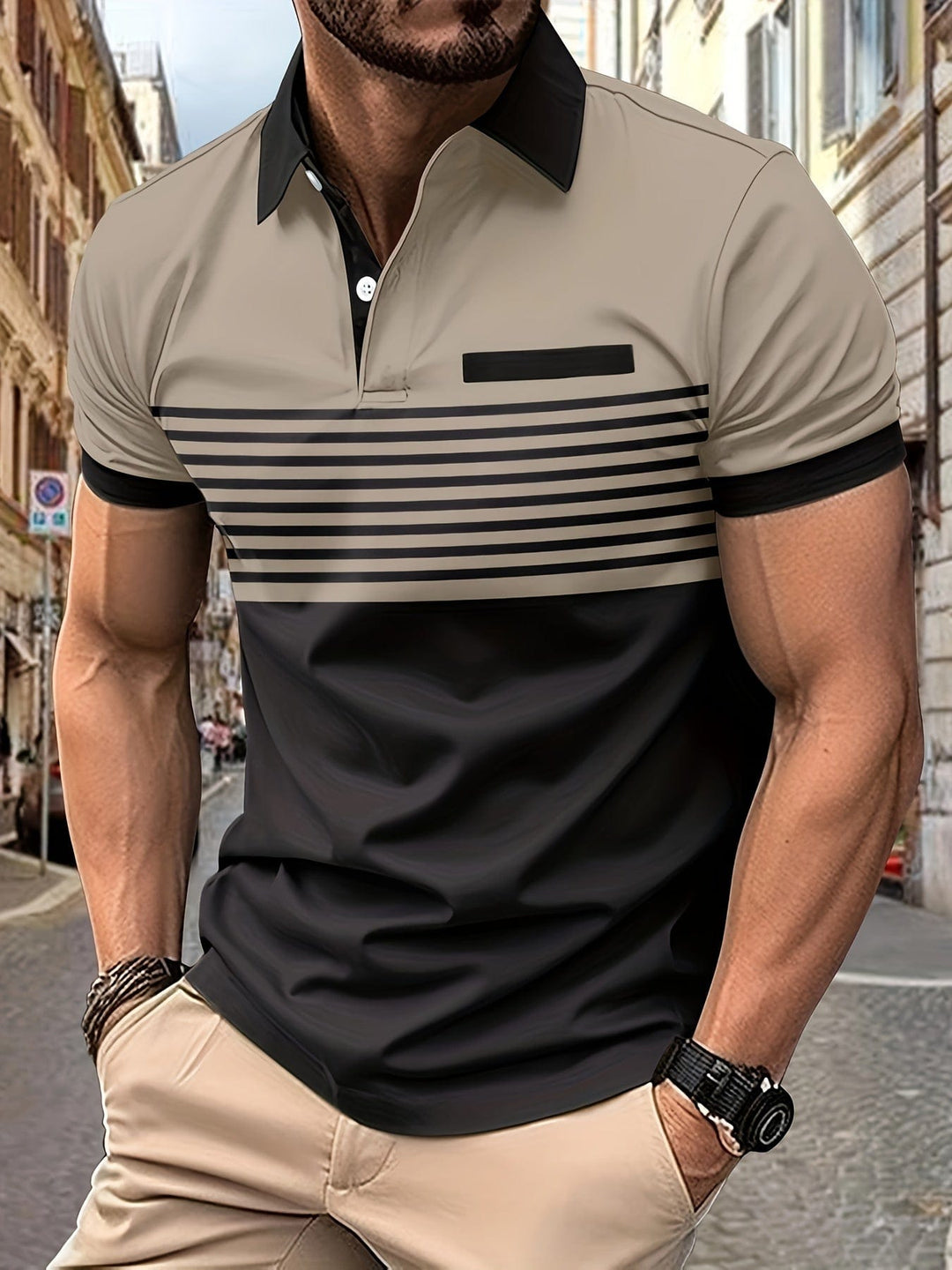 Polo homme rayé moderne, alliant élégance et confort. Style décontracté chic pour la saison estivale.
