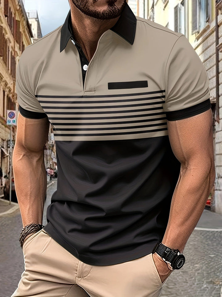 Polo homme rayé moderne, alliant élégance et confort. Style décontracté chic pour la saison estivale.