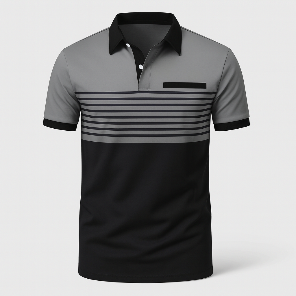 Polo de golf homme rayé, respirant et stylé. Confortable pour les parcours et les chaudes journées d'été.