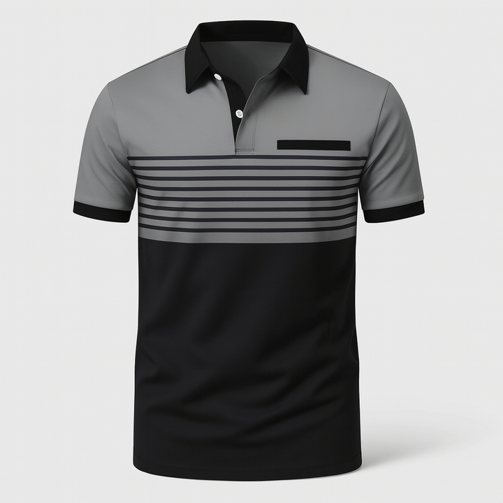 Polo de golf homme rayé, respirant et stylé. Confortable pour les parcours et les chaudes journées d'été.
