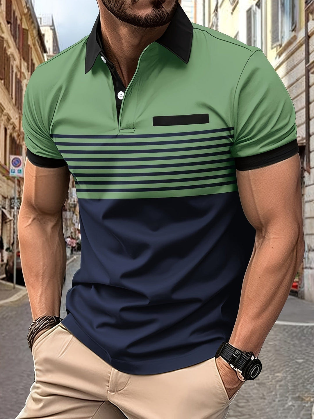Détail polo homme rayé en coton, col et manches courtes. Qualité et confort pour un été stylé.