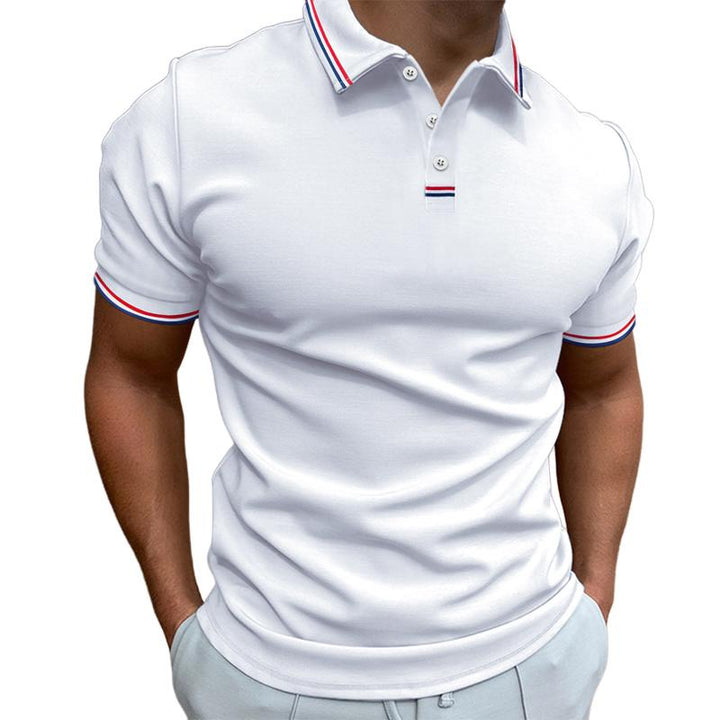 "Polo homme uni à manches courtes avec col rayures, design élégant et décontracté, idéal pour toute occasion."