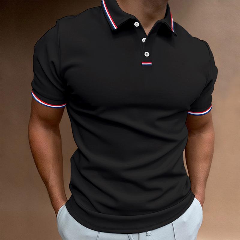 "Polo homme uni à manches courtes avec col rayures, design élégant et décontracté, idéal pour toute occasion."