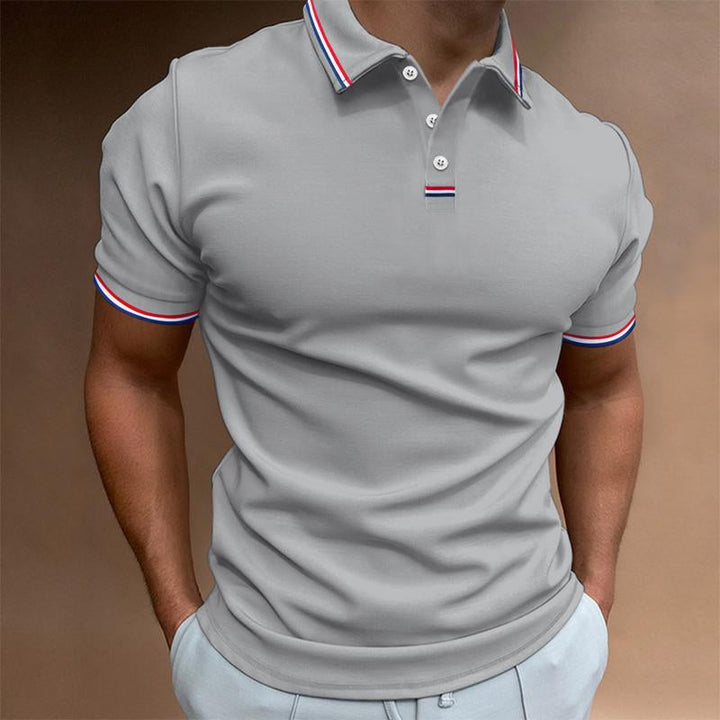 "Polo homme uni à manches courtes avec col rayures, design élégant et décontracté, idéal pour toute occasion."