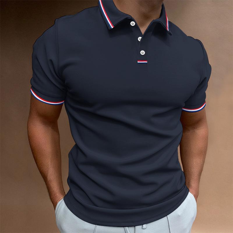 "Polo homme uni à manches courtes avec col rayures, design élégant et décontracté, idéal pour toute occasion."