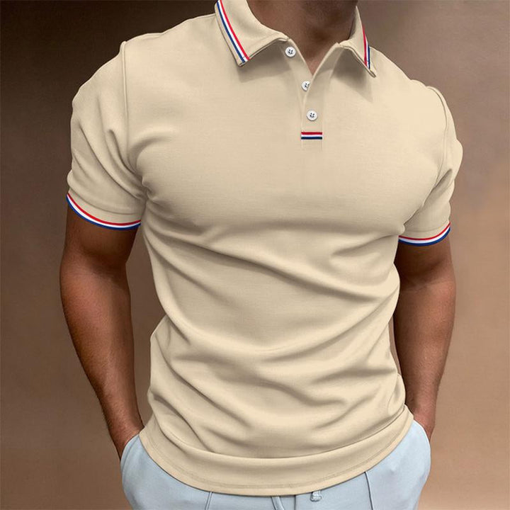 "Polo homme uni à manches courtes avec col rayures, design élégant et décontracté, idéal pour toute occasion."