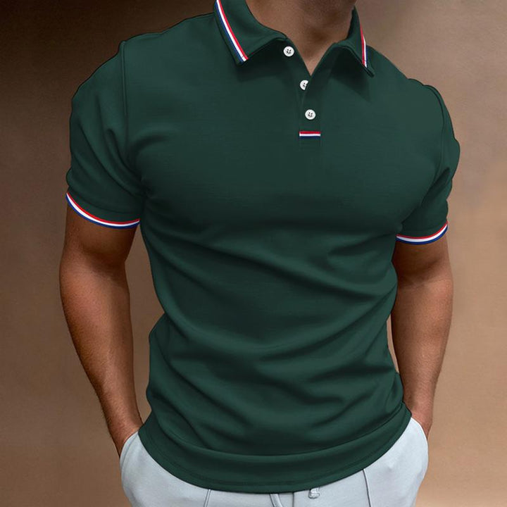"Polo homme uni à manches courtes avec col rayures, design élégant et décontracté, idéal pour toute occasion."