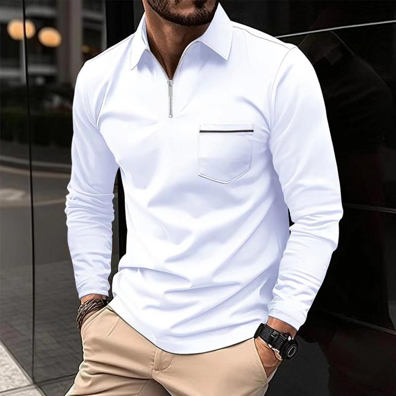 Détail poche poitrine sur polo homme à manches longues, qualité premium, style décontracté et soigné.