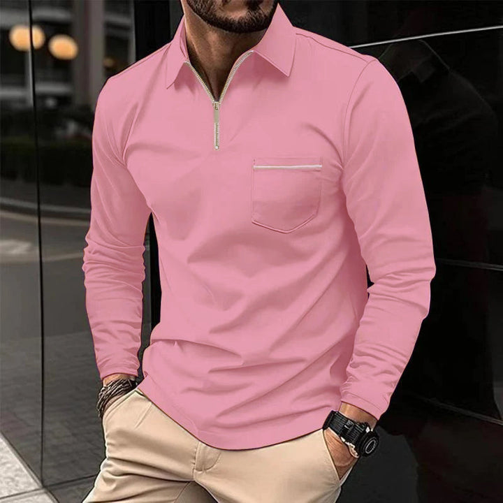 Garde-robe masculine : polo premium à manches longues, chemise décontractée avec poche, pour homme élégant.
