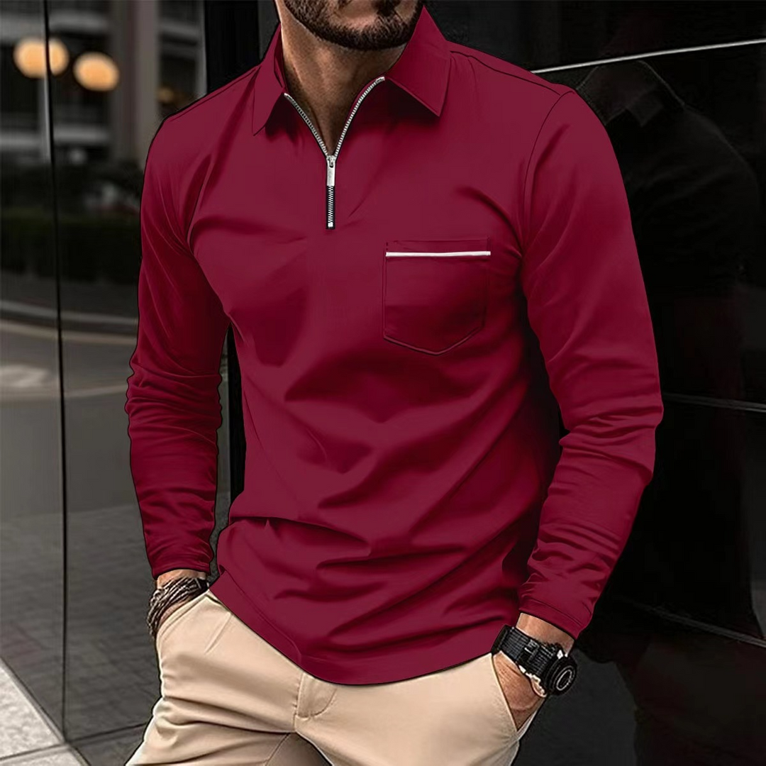 Poloshirt homme manches longues bleu marine, style classique, col polo élégant, idéal pour mi-saison et confort optimal.