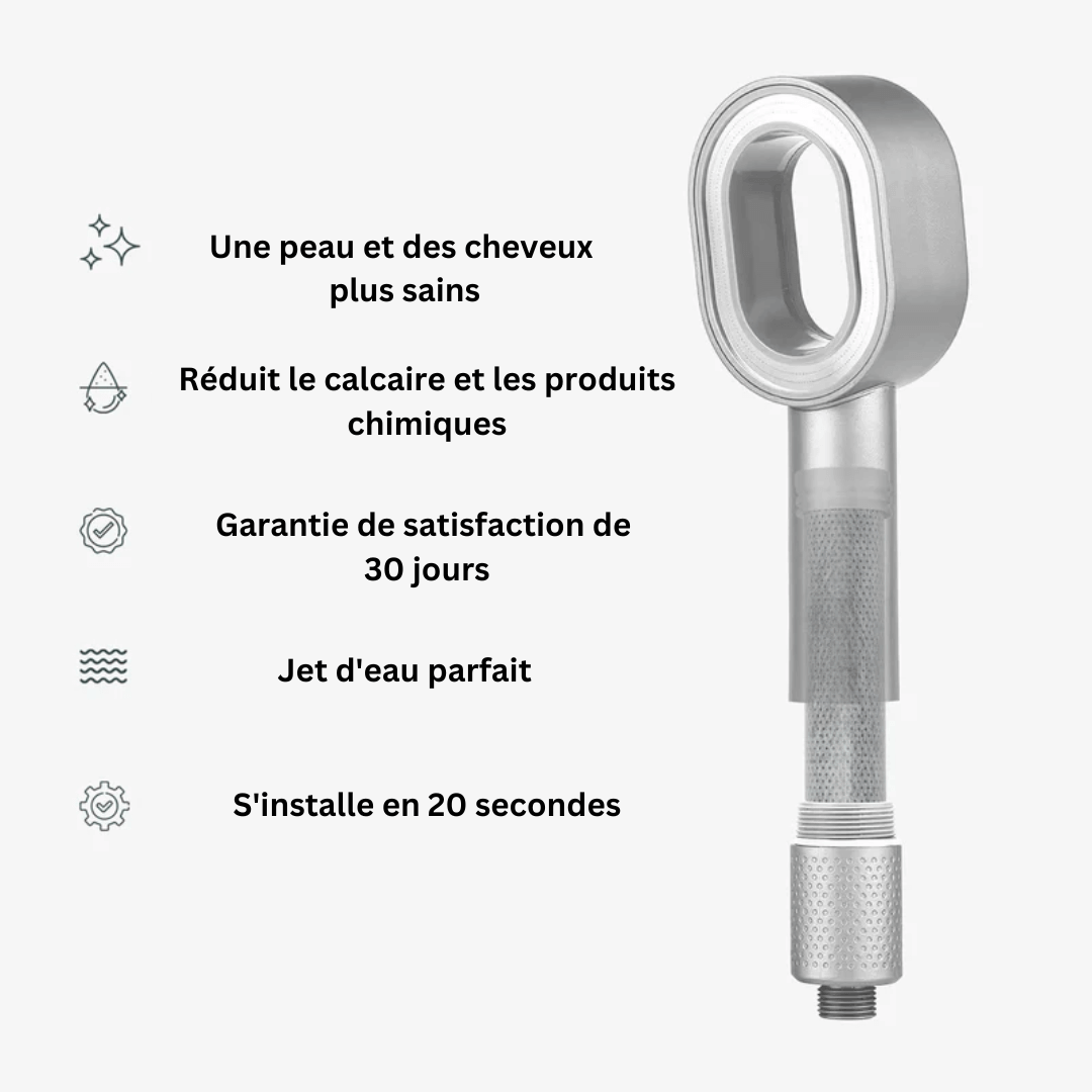 Pommeau de douche purifiant élégant, réduit calcaire et impuretés, améliore peau douce, design moderne salle de bain.
