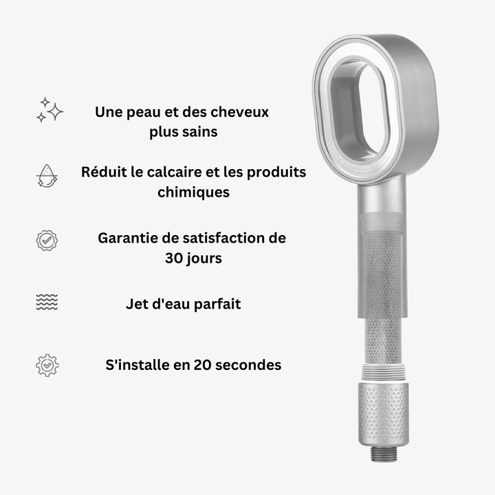 Pommeau de douche purifiant élégant, réduit calcaire et impuretés, améliore peau douce, design moderne salle de bain.