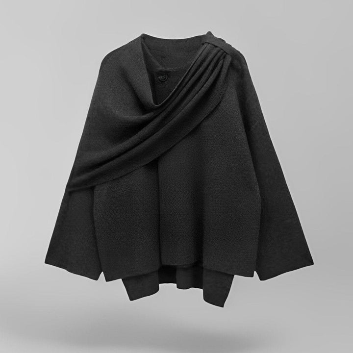 Poncho asymétrique femme élégant, disponible gris foncé ou marron. Chaud et confortable pour l'hiver.