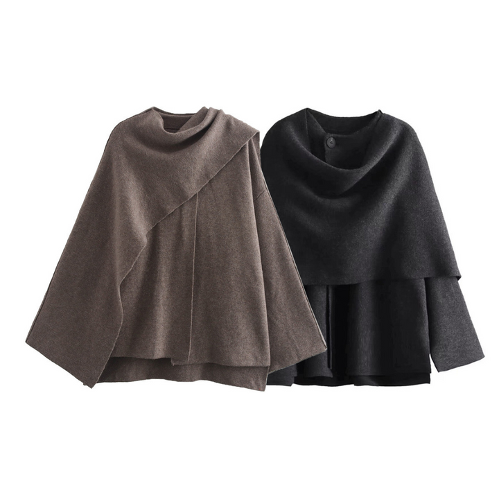Poncho asymétrique gris foncé, idéal comme cape élégante. Vêtement hiver femme confortable et moderne.