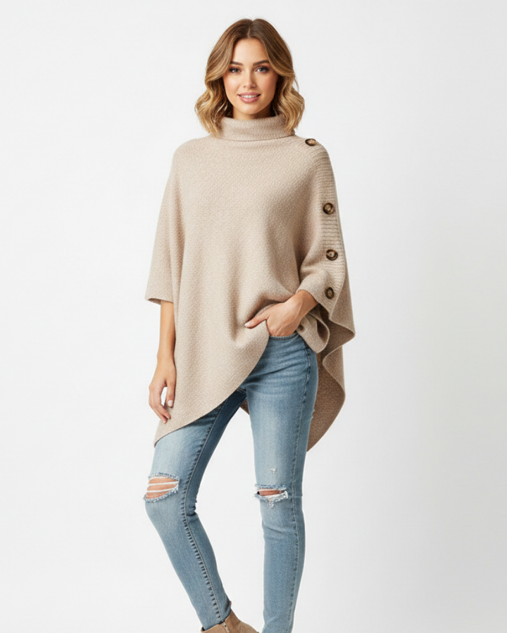 Poncho femme oversize Elayne élégant, col haut, ourlet asymétrique. Idéal mode hiver confortable et polyvalente.