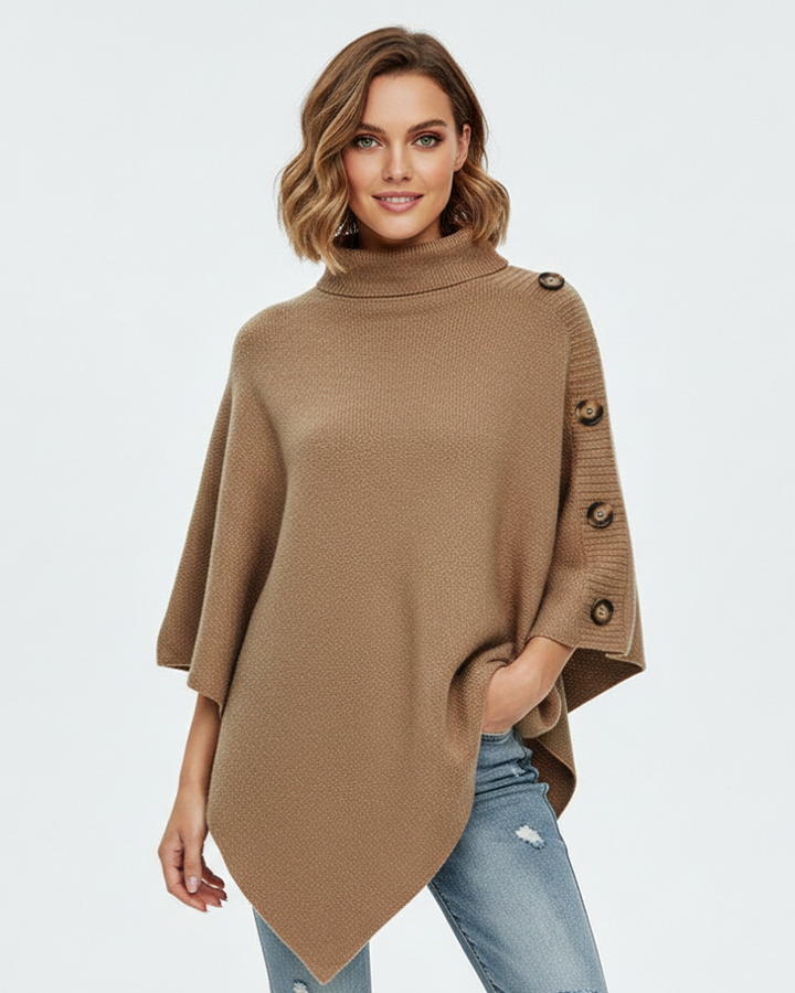 Poncho Elayne femme élégant et confortable, coupe oversize avec col montant et ourlet asymétrique. Parfait pour l'hiver.