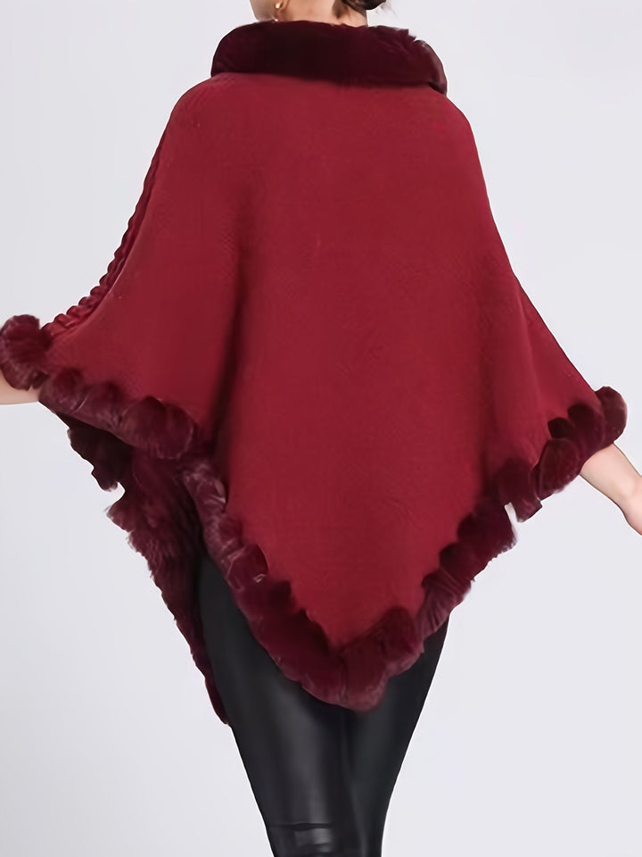 Poncho cape femme tricoté, style décontracté élégant, bordure fourrure douce, idéal superposition hiver.