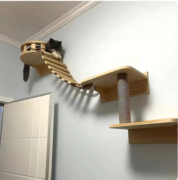 "Pont suspendu pour chats en bois et sisal naturel, échelle murale moderne, espace de jeu et exploration féline à domicile."