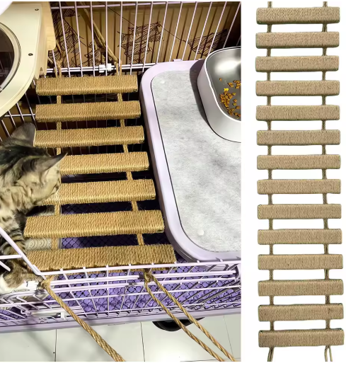 "Pont suspendu pour chats en bois et sisal naturel, échelle murale moderne, espace de jeu et exploration féline à domicile."
