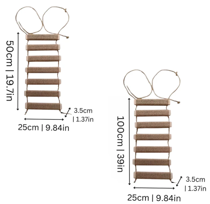 "Pont suspendu pour chats en bois et sisal naturel, échelle murale moderne, espace de jeu et exploration féline à domicile."