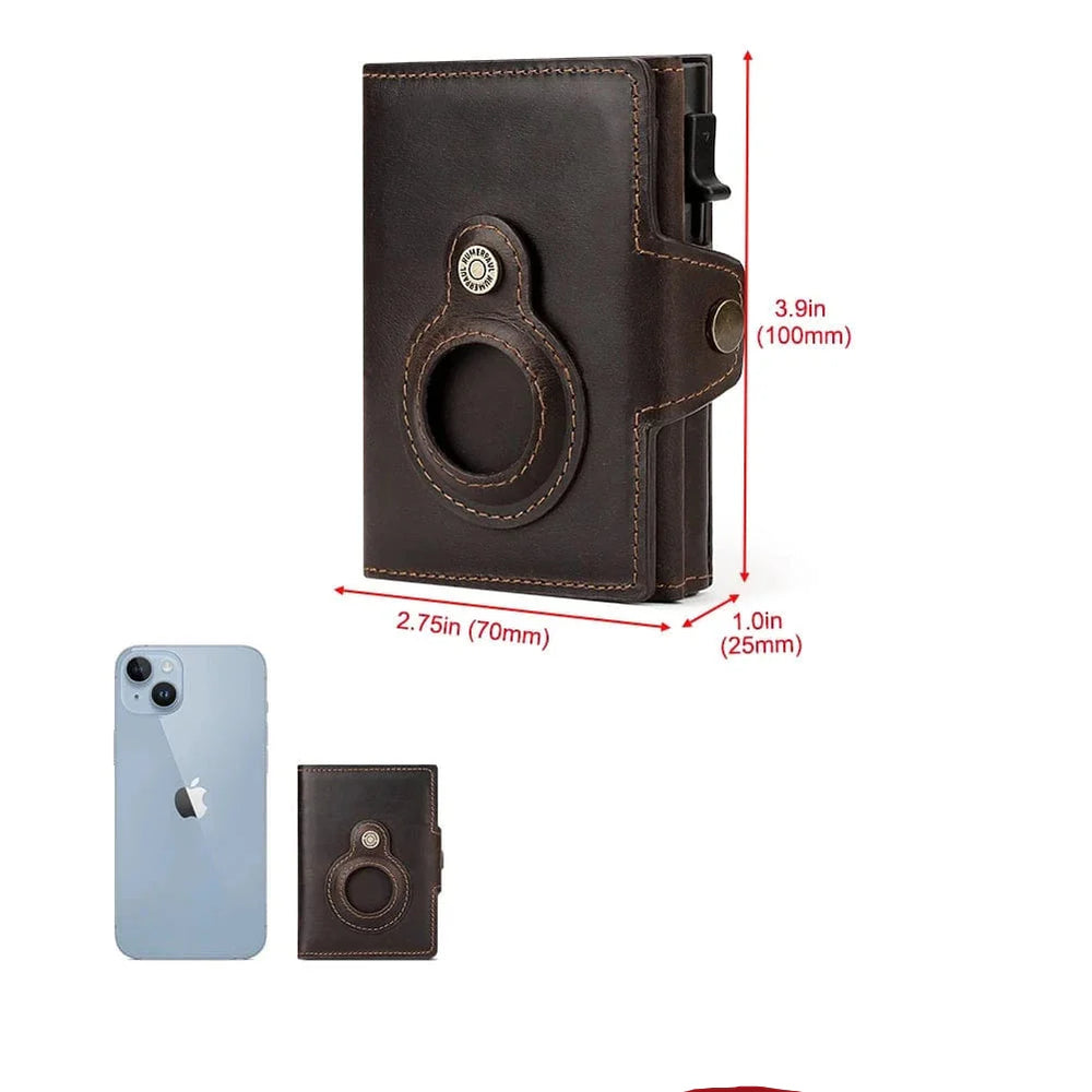 Porte-cartes cuir RFID homme avec emplacement AirTag, design fin et moderne, couleur marron foncé