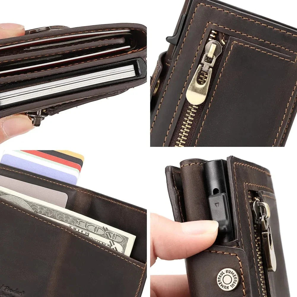 Porte-cartes homme RFID en cuir noir avec AirTag inséré, mettant en avant la sécurité antivol