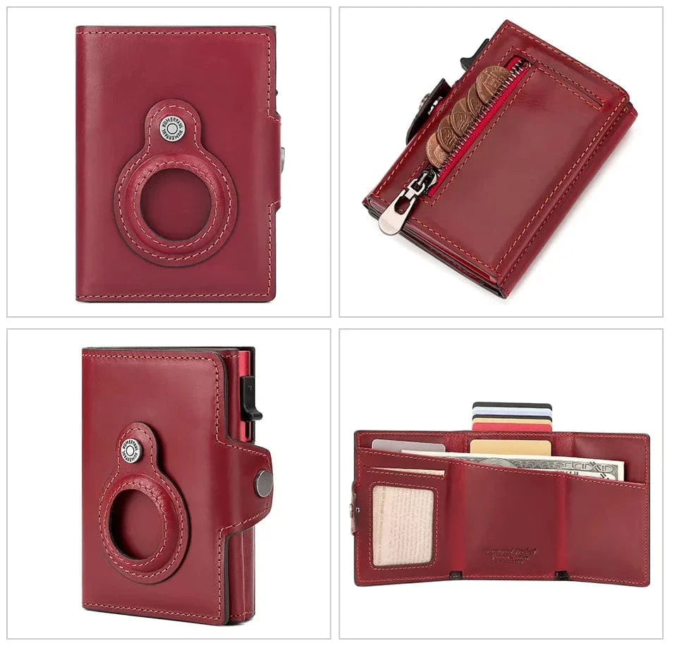 Mains d'un homme tenant le porte-cartes en cuir AirTag, soulignant sa compacité et son ergonomie