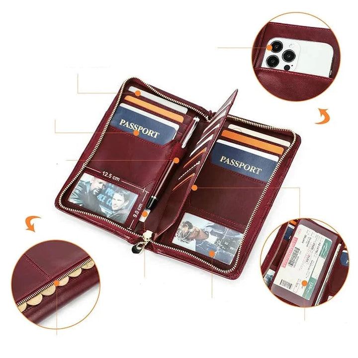 Porte-cartes femme en cuir veritable, design slim pour voyage avec plusieurs fentes
