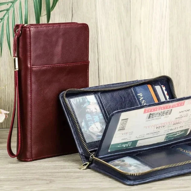 Porte-cartes en cuir veritable, couleur classique pour femme organisée en voyage