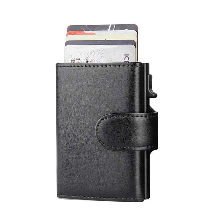 Porte-cartes en cuir noir pour homme avec protection RFID, accessoire élégant et compact.