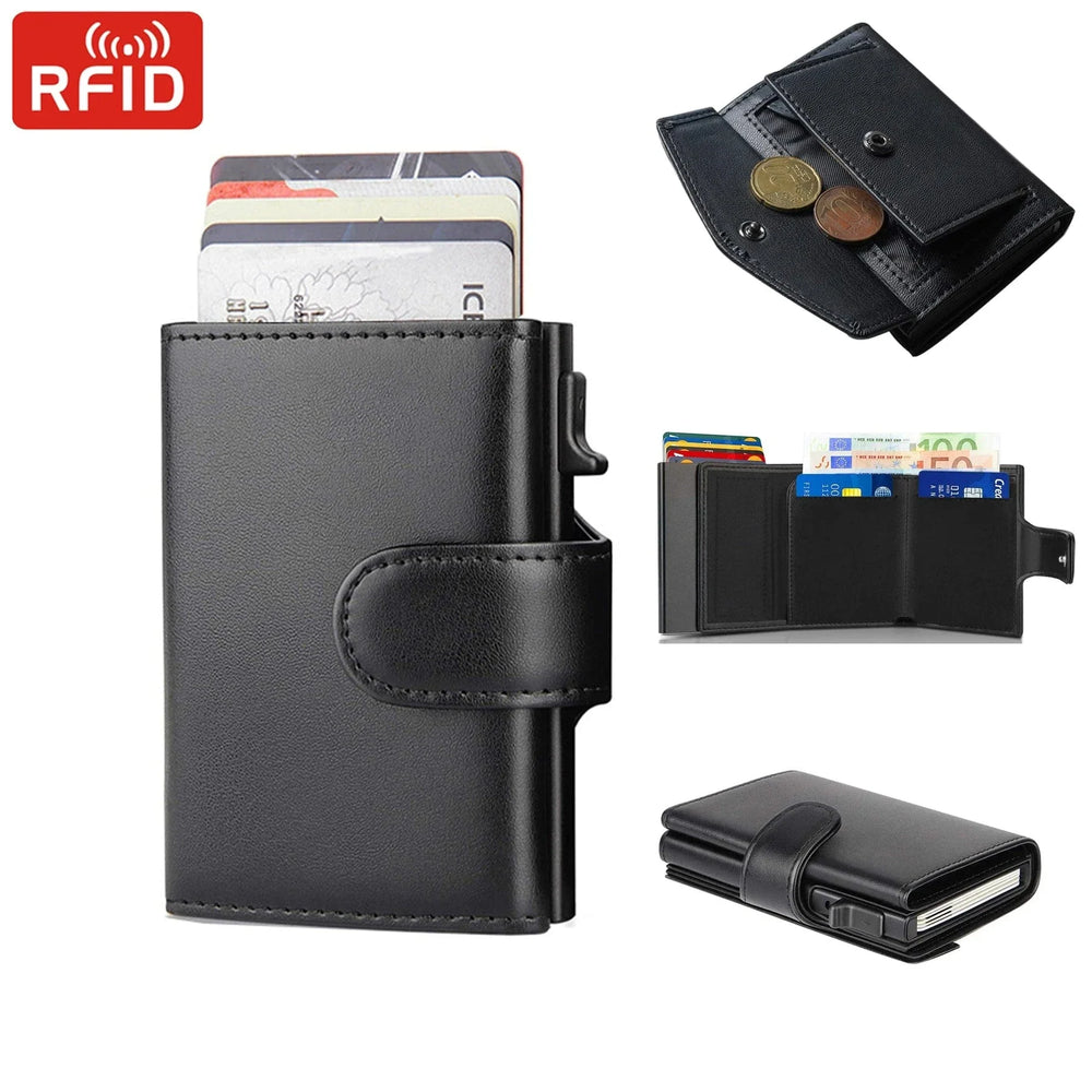 Vue de face d'un porte-cartes en cuir véritable noir, intégrant une technologie RFID pour la sécurité.