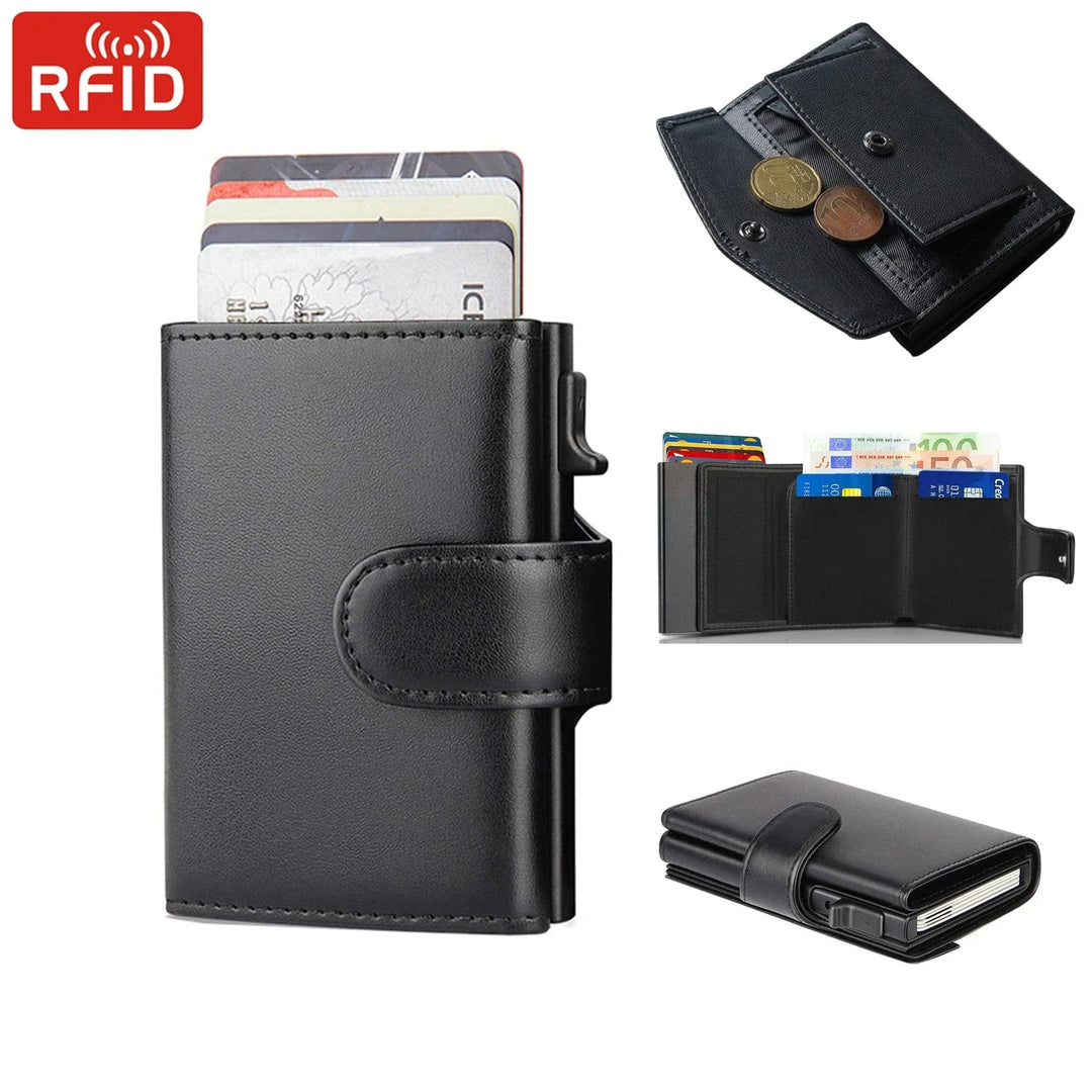 Vue de face d'un porte-cartes en cuir véritable noir, intégrant une technologie RFID pour la sécurité.