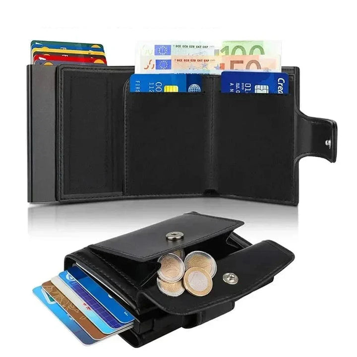 Porte-cartes pour homme en cuir foncé avec plusieurs fentes pour cartes, protection RFID intégrée.