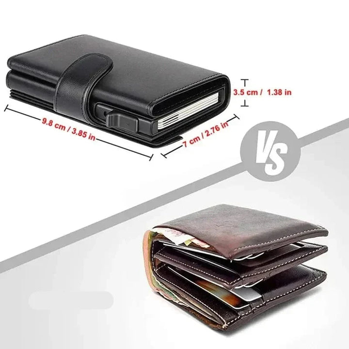 Porte-cartes slim en cuir noir, idéal pour poche avant, avec blocage RFID pour protéger les données.
