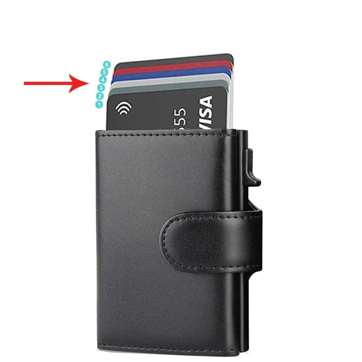 Portefeuille minimaliste en cuir noir pour cartes, doté d'une protection RFID avancée pour la sécurité.