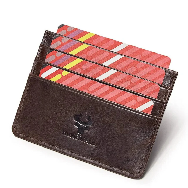 Porte-cartes en cuir bleu pour homme, style minimaliste, blocage RFID pour sécurité accrue.