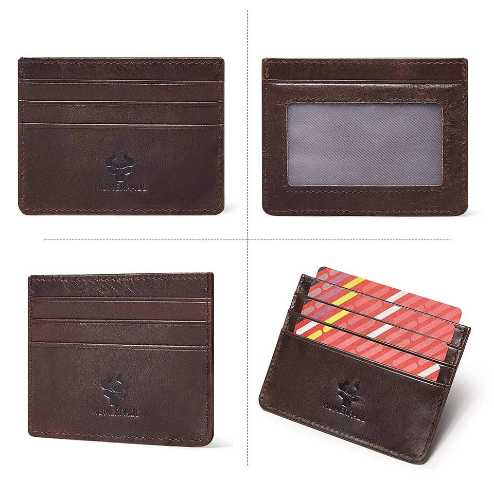 Porte-cartes fin en cuir pour homme, emplacements visibles pour cartes, technologie RFID, couleur marron.