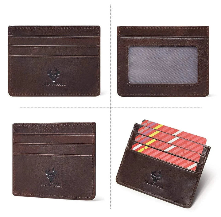 Porte-cartes fin en cuir pour homme, emplacements visibles pour cartes, technologie RFID, couleur marron.