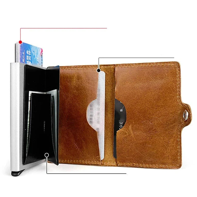 Porte-cartes automatique en cuir marron, homme, minimaliste, avec mécanisme d'éjection des cartes