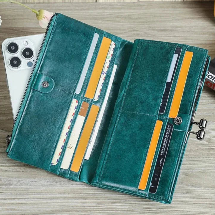 Porte-cartes luxe en cuir véritable pour femmes, protection RFID, couleur café