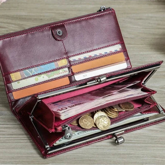 Porte-cartes en cuir RFID pour femmes, présentant plusieurs emplacements, couleur café