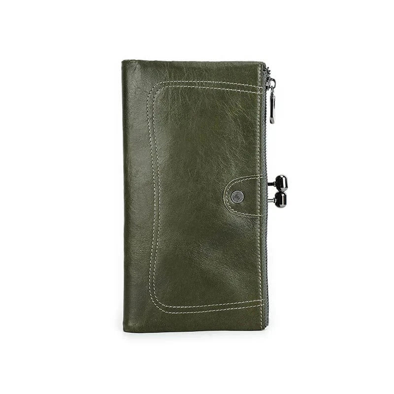 Porte-cartes slim en cuir vert pour femmes, détail des coutures, RFID intégré