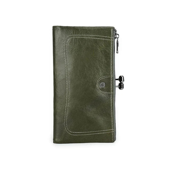 Porte-cartes slim en cuir vert pour femmes, détail des coutures, RFID intégré