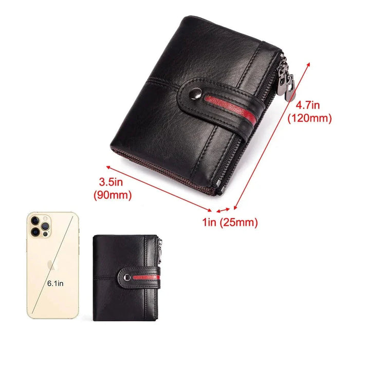 Porte-cartes café en cuir véritable pour hommes, avec protection RFID, montrant plusieurs fentes pour cartes.